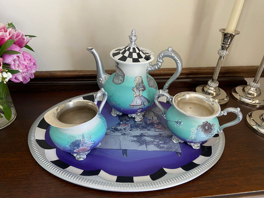 Vintage Silver Alice in Wonderland Tea Set - Hand Painted Whimsy for Collectors & Tea Lovers