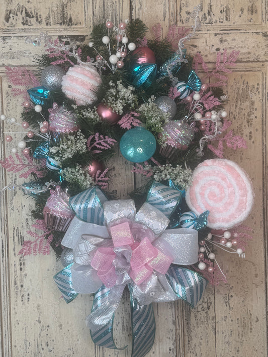Candyland Wreath in Pink & Teal | Whimsical Holiday Decor