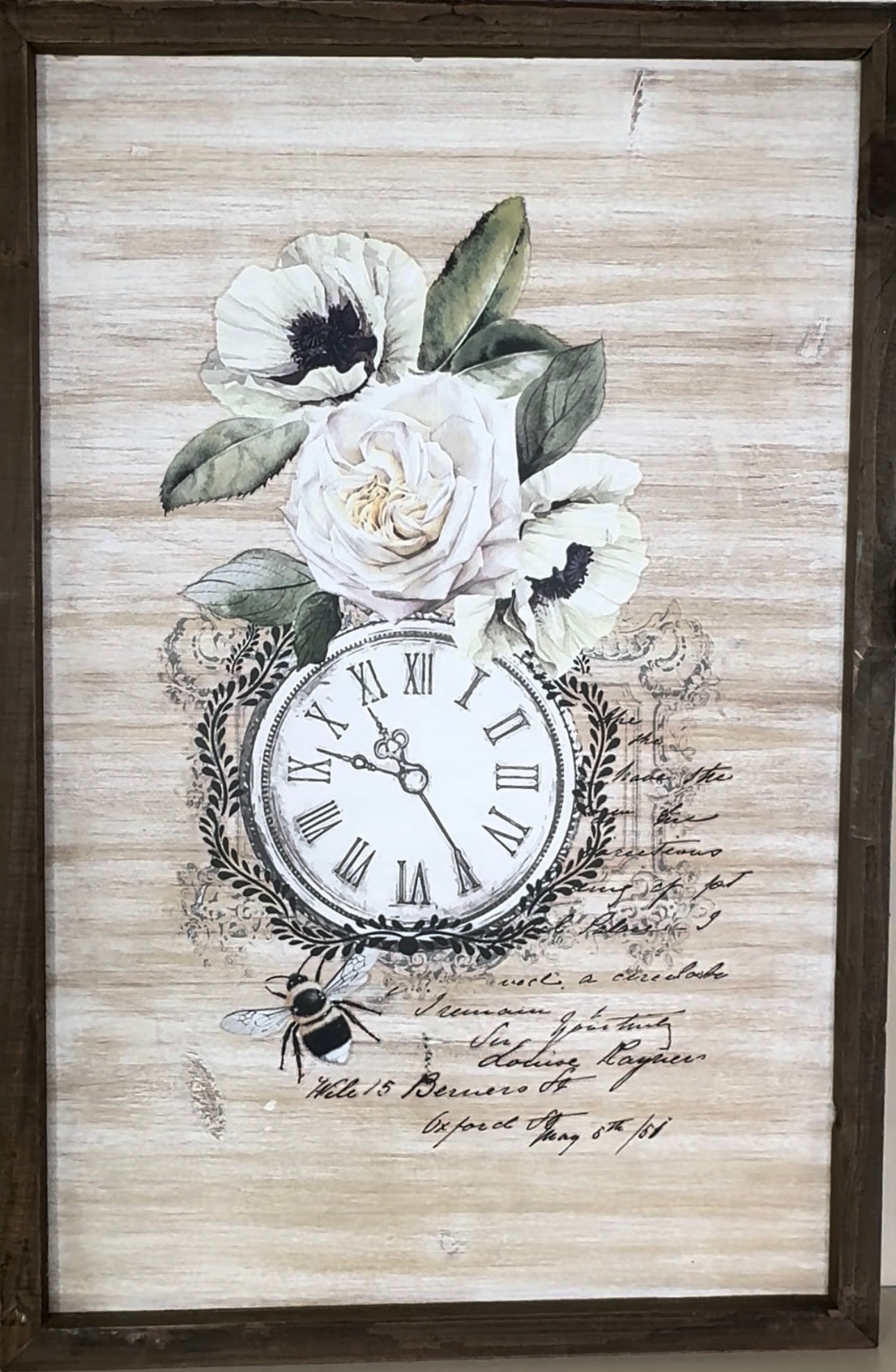 Vintage Floral Clock Wall Art with Bumblebee | Wood Wall Hanging