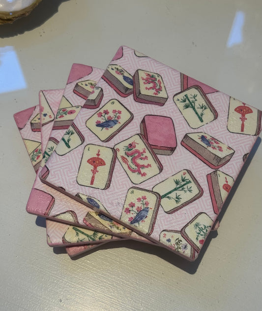 Mahjong-Style Decoupaged Ceramic Coasters with Cork Backing