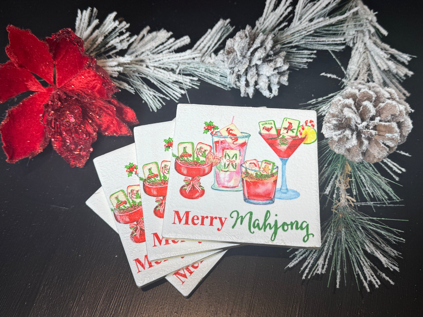 Merry Mahjong Christmas Coasters – Festive Gift Set for Mahjong Lovers