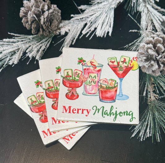 Merry Mahjong Christmas Coasters – Festive Gift Set for Mahjong Lovers